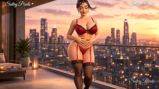 Elegant Brunette with a Hair Bun Strips on the Terrace - Dress to Lingerie