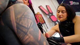 Three aggressive spandex princesses ruin tattooed victim with deep sounding & urethral fingering