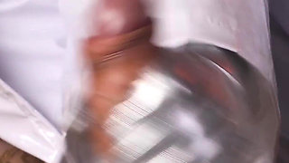 Big Tit BBW Mistress in Shiny White Coat Edges Skinny Guy’s Cock - Hand Over Mouth Tease, Cock Slaps & Ruined Orgasm Control