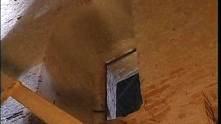 A blonde fingering her pussy in an ancient tower, finds a cock to fuck