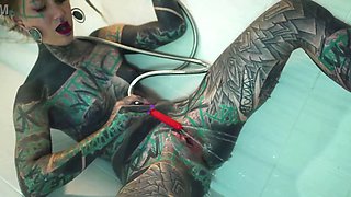Heavily TATTOO model ANAL masturbation in shower