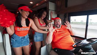 Crazy College GFs: Horny Cheerleaders Traveling Fan Fuck Fest with Brunette Emerald Loves - Threesome Orgy