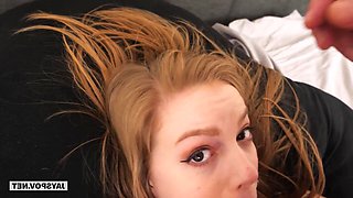 Young female with vibrant red hair, named Dolly Leigh, performs oral sex on her stepfather.