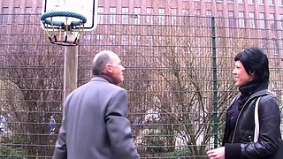 German grandpa flirts with housewife on the street