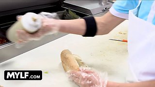 Mylf - big titted blondie milf Nina Elle whips her massive hooters out and makes teen stud cover them in jizz