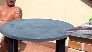 German old granny fucked horny by stepson on the balcony