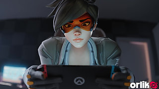 Tracer & 3 Guys One by One - Blowjob, Anal & Fuck While Playing Game 3D Overwatch Porn