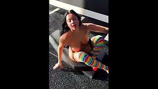 Busty curly brunette with big boobs fucks on couch