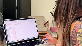 Busty curly brunette with big boobs fucks on couch