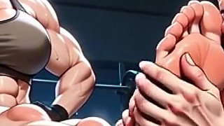 Old Woman Humiliated by Muscular Woman Foot Worship in Gym