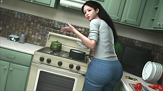 Japanese Stepmom Showing Big Boobs Cleavage While She Cooking In Kitchen