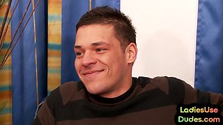 Blond femdom babes straponing a guy