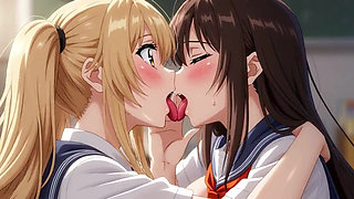 Two Girls in Uniforms. Hot Kiss