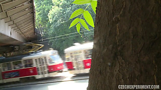 Czech experiment 12: guy cums on a horny adult student in the street