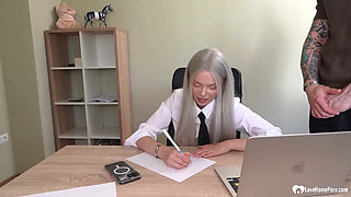 Long Silver Hair Secretary in Tie Gets Fucked Hard in Office