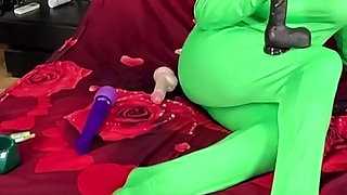 Full Zentai Encasement Toy Play. BBC Dildo Tease, Pussy Slaps and Smoking Through Nylon