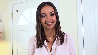 Big boobies brunette shows trimmed pussy and fucks too