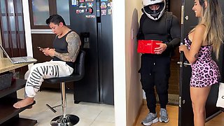 Slutty wife with perfect tits cheats with the delivery guy in the kitchen at home