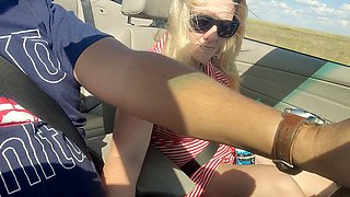 Truck driver enjoys the stunning view of a hot ash-blonde babe squirting in a convertible BMW