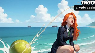 A sexy, hard-core beach honey is having an climax with