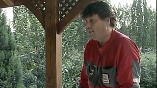 Superb Brunette Lady From Germany Eating Warm Cum in the Backyard