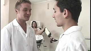 Two bisexual male nurses get naughty with a young babe at the doctor's