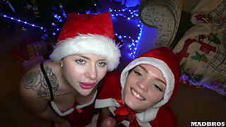 Two Beautiful Christmas Stepmothers Blonde Fucked in Anal Under the Tree and DP on a Piano!