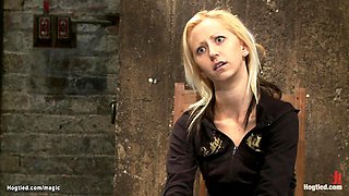 Skinny blond in upside down suspension