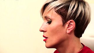 Blonde babe CFNM giving handjob to BFF