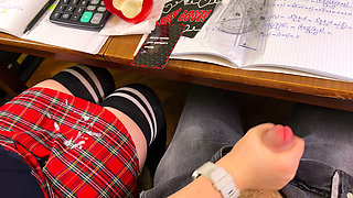 High Schoolgirl Stroking Him off in Math Class Under the Table. at College
