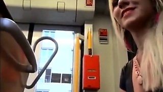 Nervous Boyfriend Receives a Bus Blowjob from His Blonde Gir