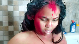 Holi Special: Stepdad Fucks Horny Stepdaughter in Bathroom with Red Gulal All Over Her Big Tits