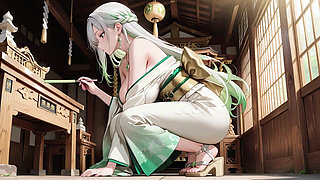 Silver-Haired Shrine Maiden Secrets! Languidly reclining in a red corridor, her bare shoulders and lush thighs exposed.