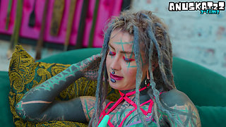 Ink Covered Beauty Solo Anal Toy Play in Lace Lingerie