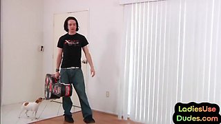 Femdom threesome sex bending guy for pegging