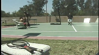 Red Head Slut Fuck Two Cock on Tennis Court as Sexy Blonde Watches Then Joins in