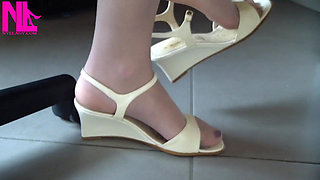 Nyllady Putting on Pantyhose and Footplay with Milk Colored Wedges