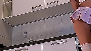 Short Pink Mini Skirt and Panties with Over Knee Socks Is Only the Start She Takes off Underwear to Flash Her Shaved Pussy