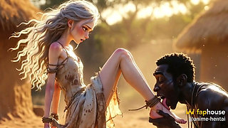 White Woman in Bondage - African Man Passionate Foot Licking