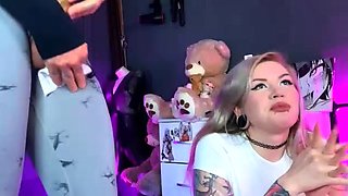 Vulva rubbing close up with blonde handling monster dildo