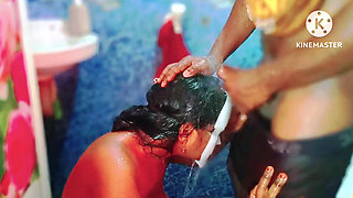 Sexy huge boobs desi girl gave a hot blowjob for his boyfriend in the bathroom and he cum on her hair