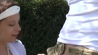 Nasty girl in nylons adores outdoor ass fuck after smoking cigarette