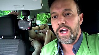 Big ass tattooed chick gets picked up and fucked in the car