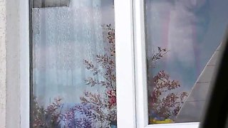 Public bareness Bare in public. Cab driver observing a warm beautiful dame Cougar which in bathrobe g-string-less and brassiere tidy kitchen window Outdoors Outside Boobies Meaty all-natural bra-stuffers Wooly twat Ash-blonde Voyeur