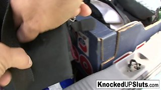 Knocked up slut takes care of a cock outdoors
