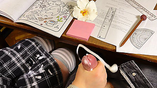 Sexy College Girl Jerking Him off in Physics Class Under the Table