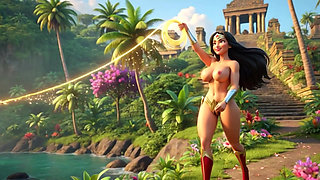 Wonder Woman Relaxes Nude In Themyscira Paradise Island With Crystal Lagoon And Powerful Waterfall