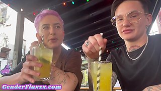 Amateur genderfluid in panties licks GFs muff at home