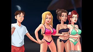 Summertime Saga Foursome: College Girls Group Sex Blowjob & Cum in Mouth