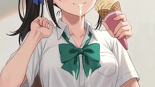 Hentai 2026!  Student licks ice cream in a park, her dripping all over the place
